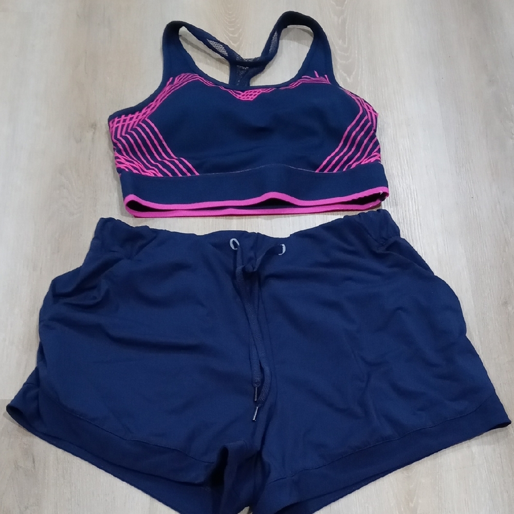 Avia Navy and Pink Sports Bra and Shorts Set Size